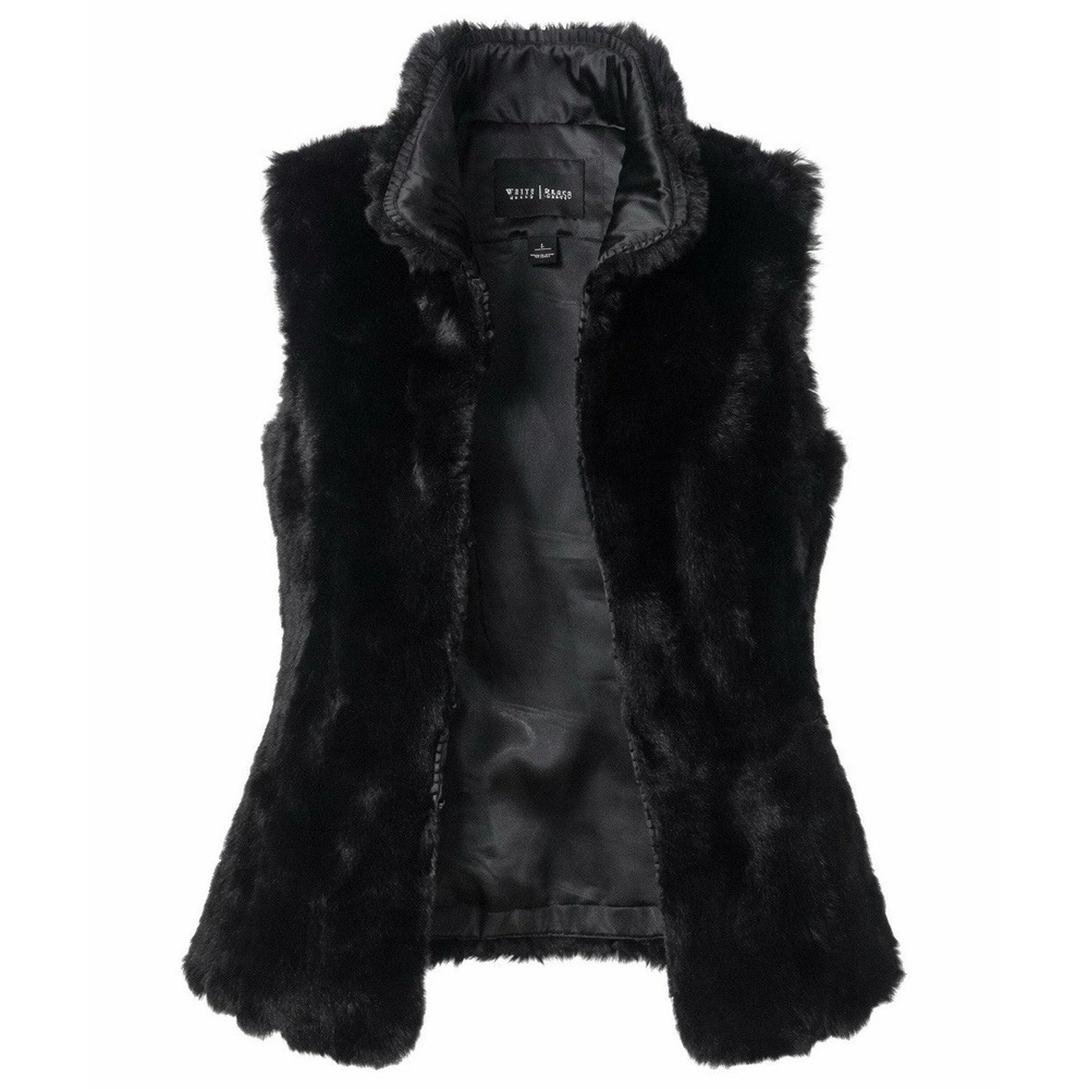 White House Black Market Faux Fur Vest LARGE Black Sleeveless Lined